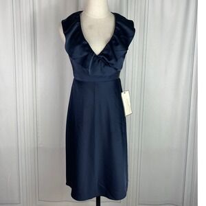 NWT J. Crew Navy Satin Sleeveless Ruffle Neck Fit & Flare Cocktail Dress‎ - 2P